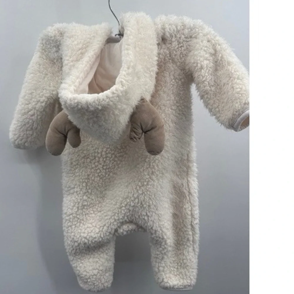 Pottery Barn Kids Ivory Reindeer Sherpa One-Piece Fleece SZ 6-12mo Holiday Cozy
